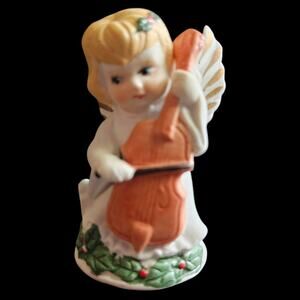 Vintage Angel Bell Figurine Christmas Holly Violin Japan